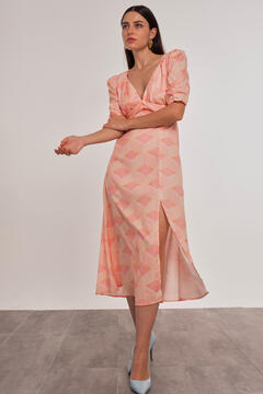 Cortefiel Geometric print short-sleeved midi dress Pink