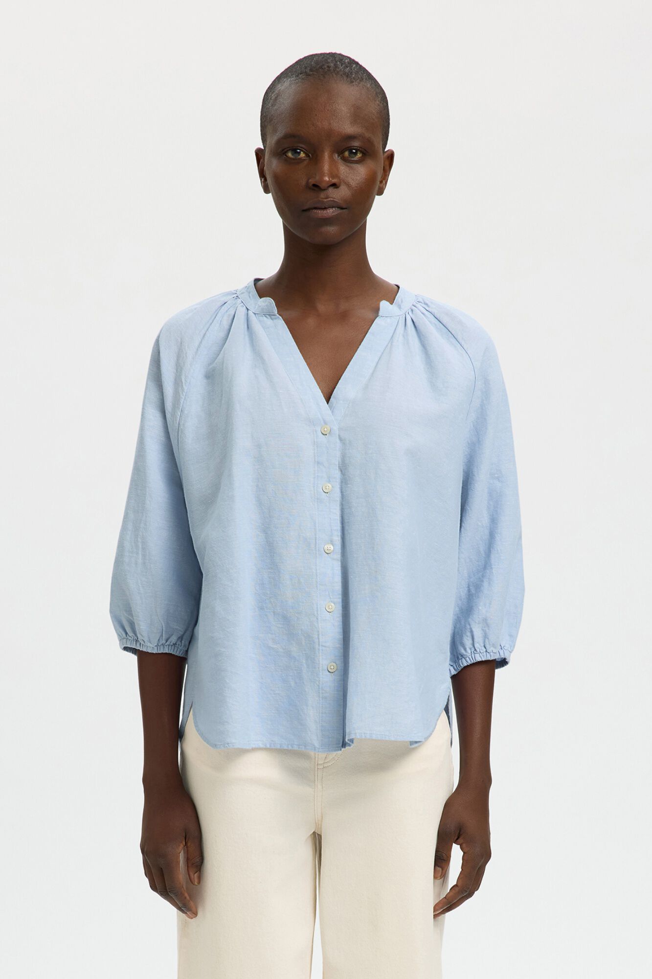 Selected Linen 3/4 sleeve blouse Blue