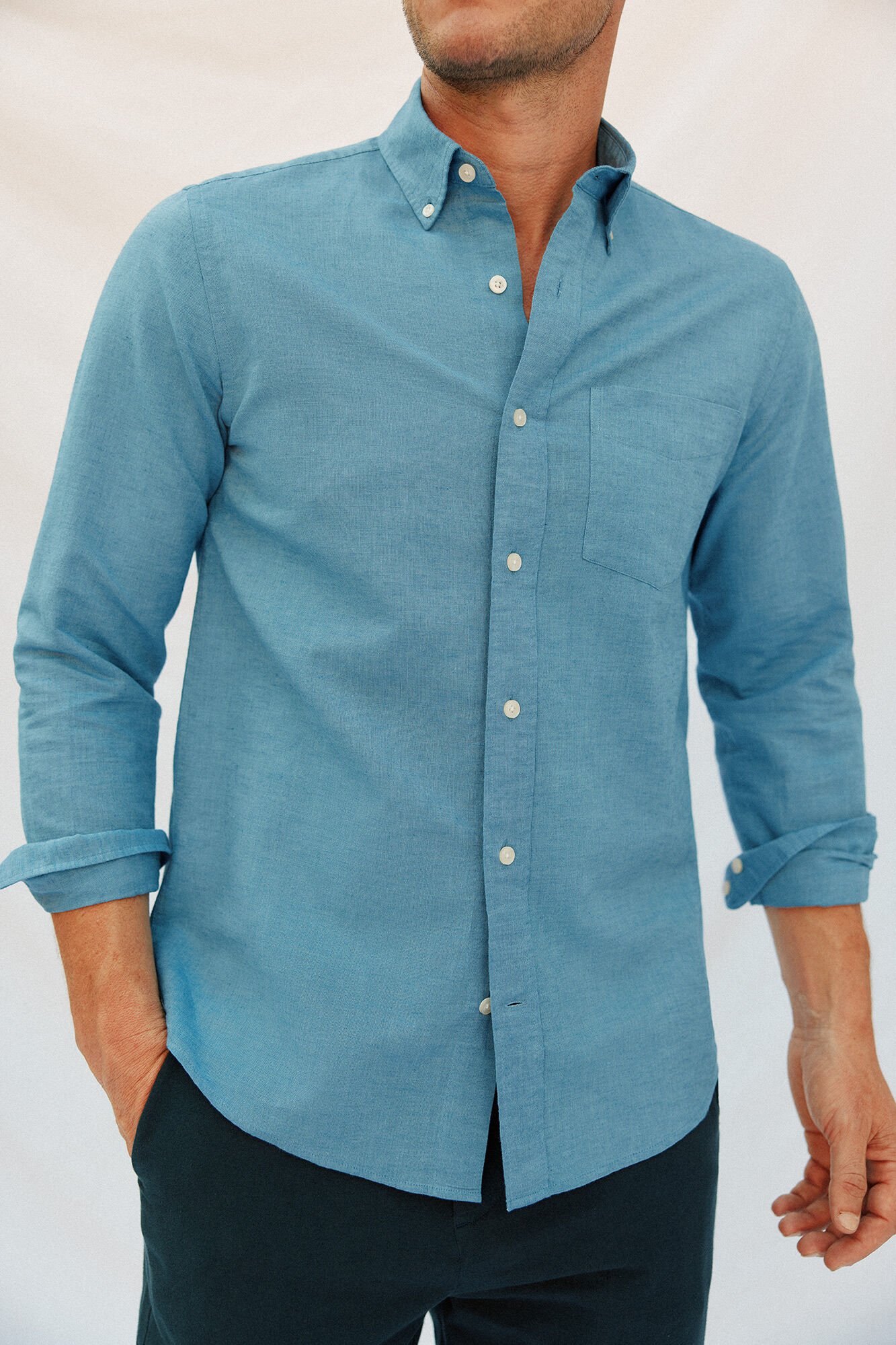 Cortefiel Camisa linho algod&atilde;o liso Azul