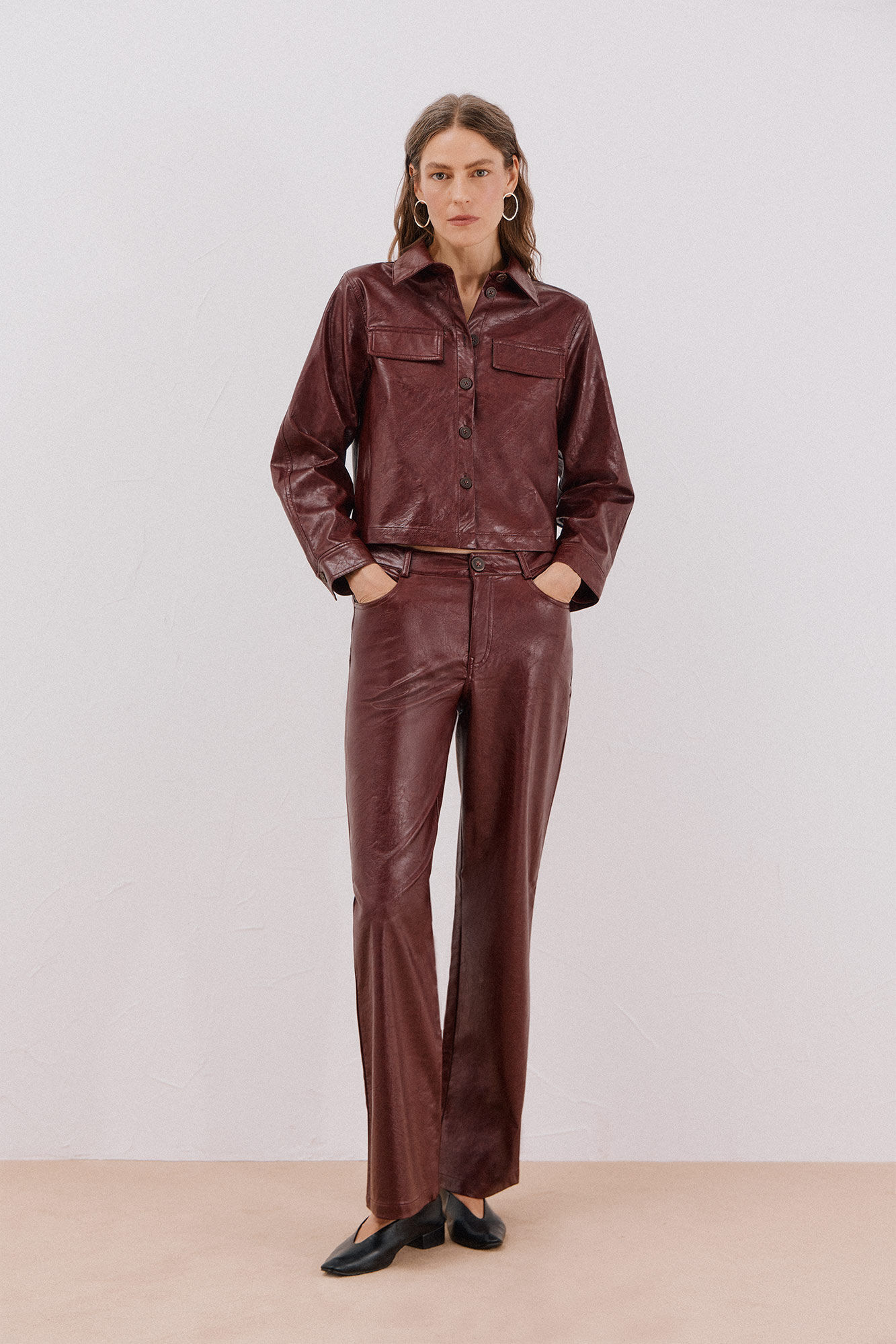 Cortefiel Faux leather shirt Maroon