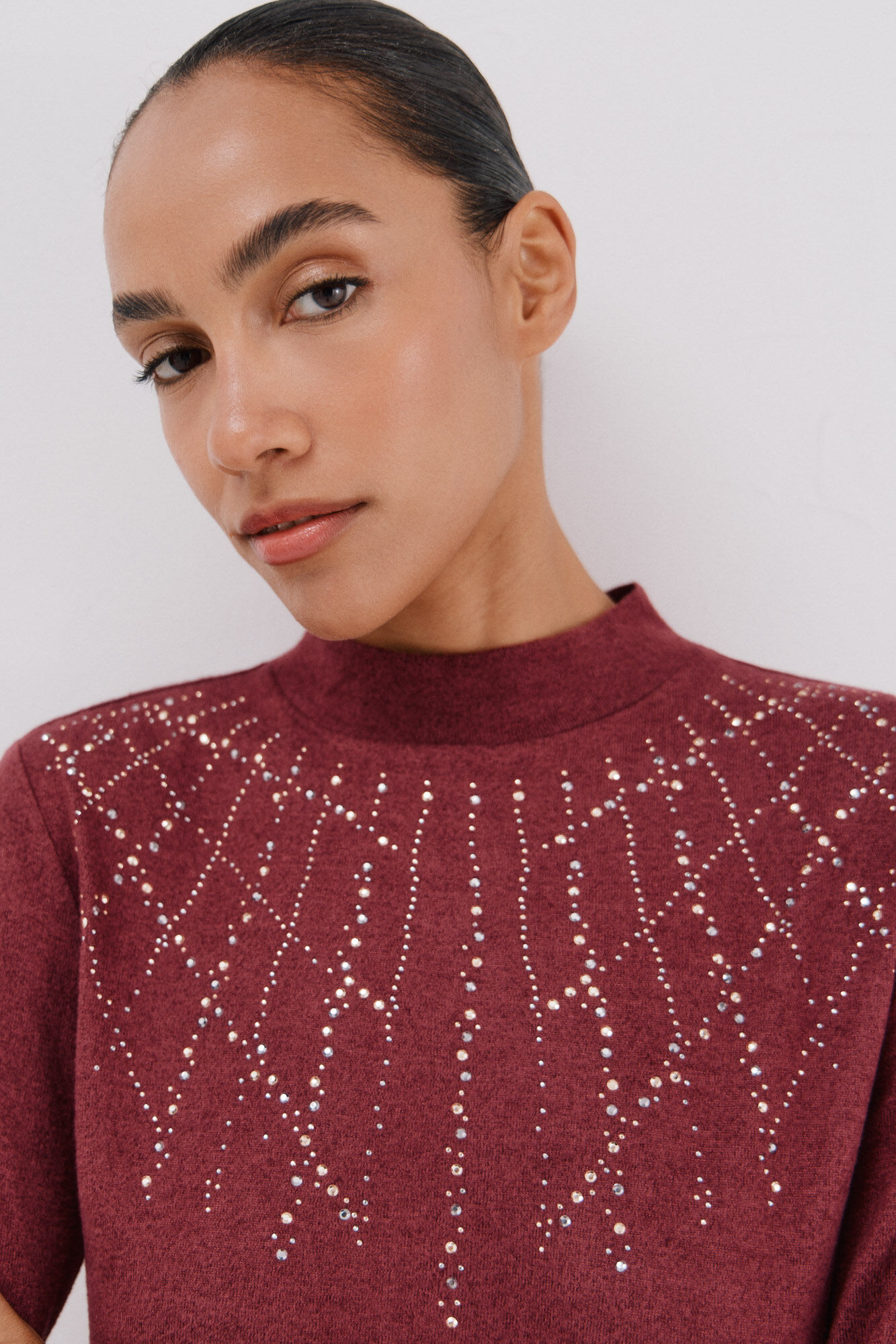 Cortefiel T-shirt with rhinestone detail Maroon