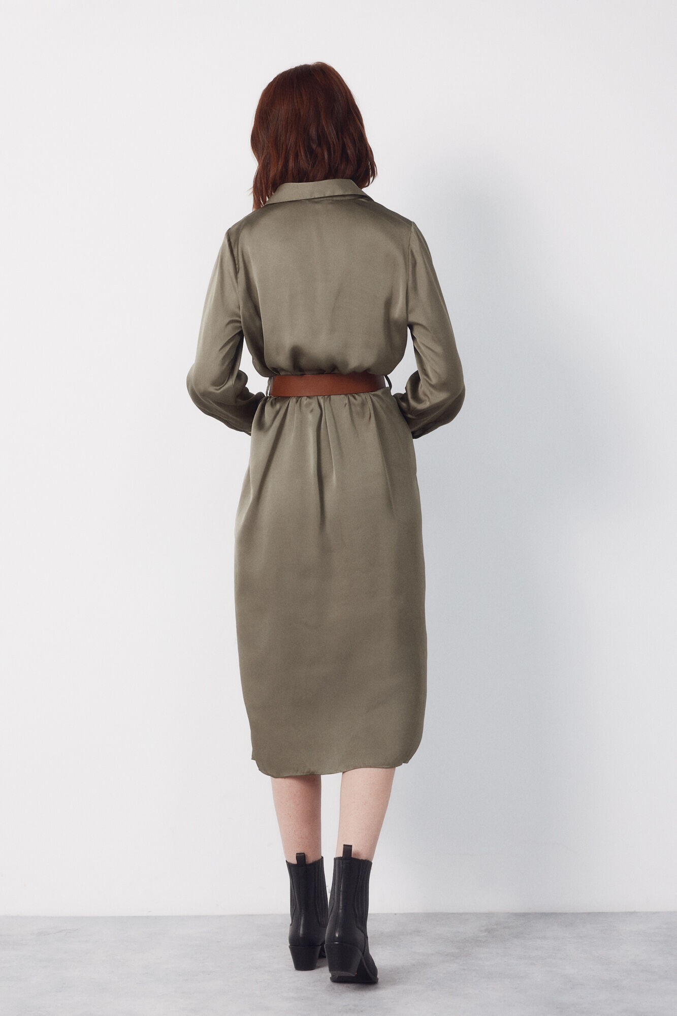 Cortefiel Vestido satinado camisero Kaki