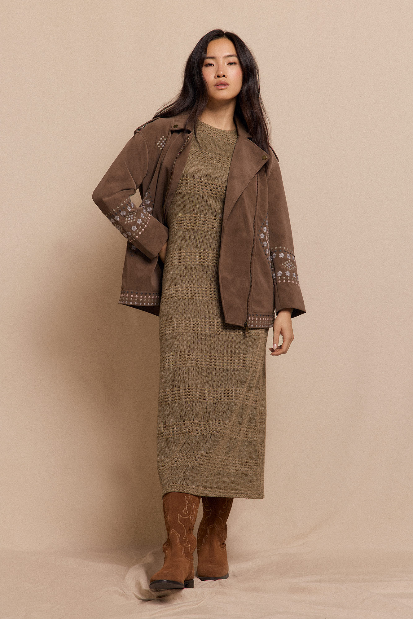 Slowlove Jaqueta biker com efeito pele bordado Tostado