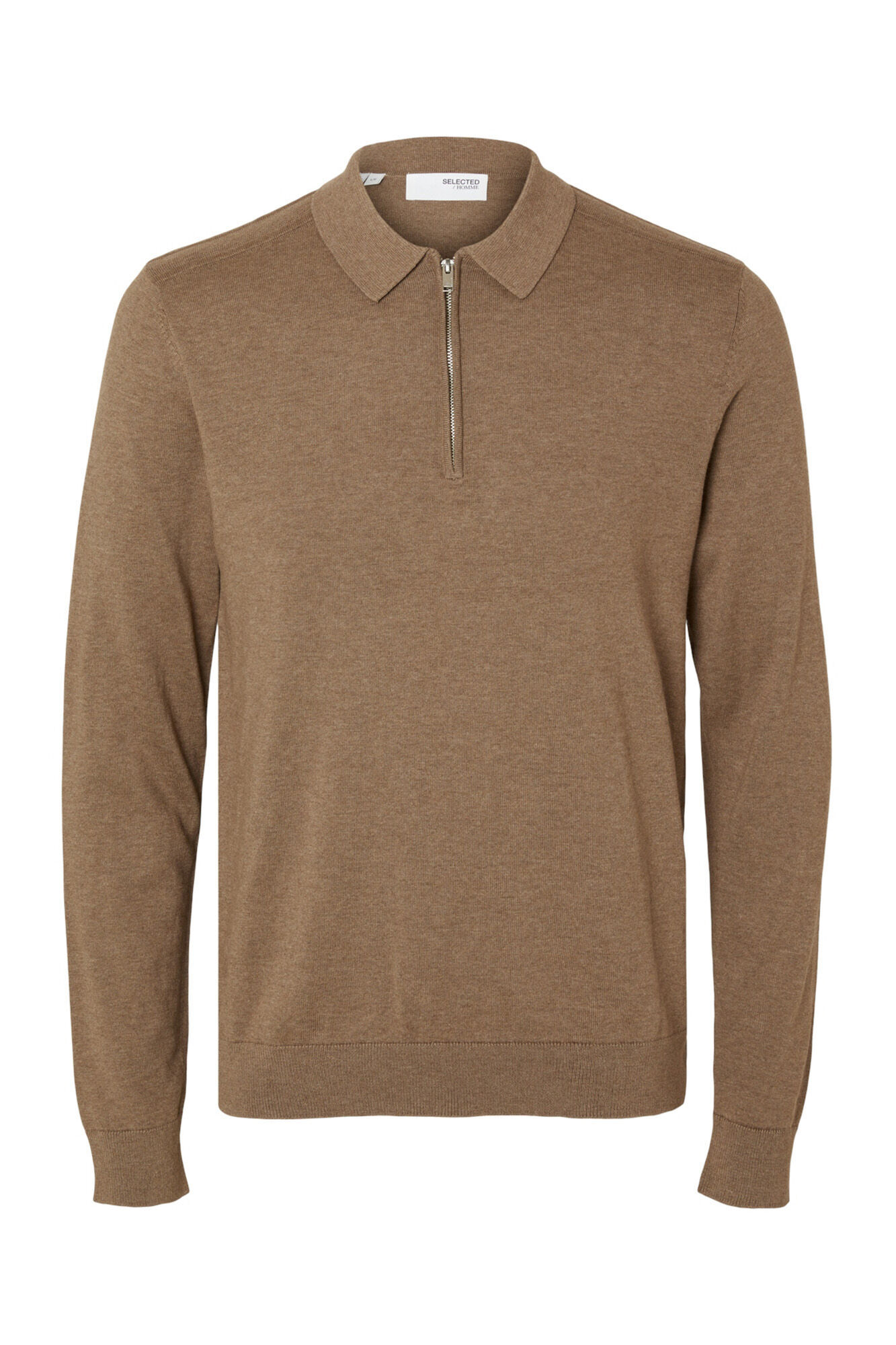 Selected Camisola polo 100% algod&atilde;o com meia fecho-&eacute;clair . Castanho