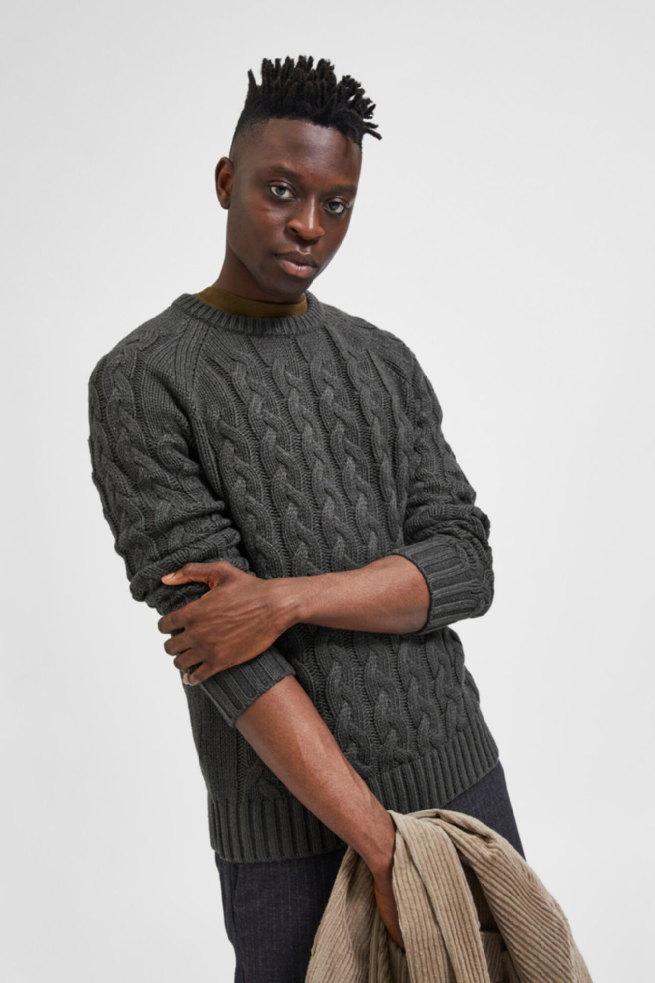 Selected Jersey trenzado cuello redondo Gris