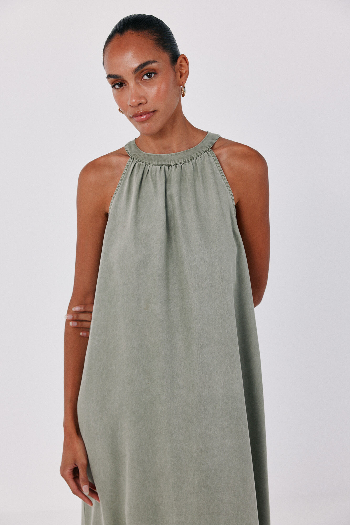 Cortefiel Halterneck denim dress Kaki