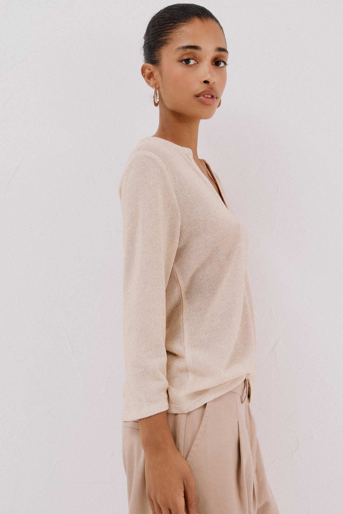 Cortefiel Lurex mandarin collar t-shirt Gold