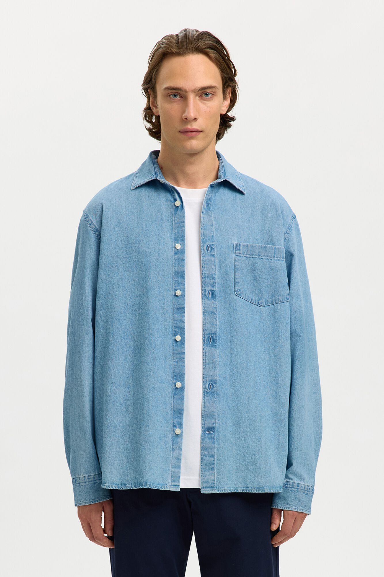 Selected 100% organic cotton lightweight denim shirt Blue