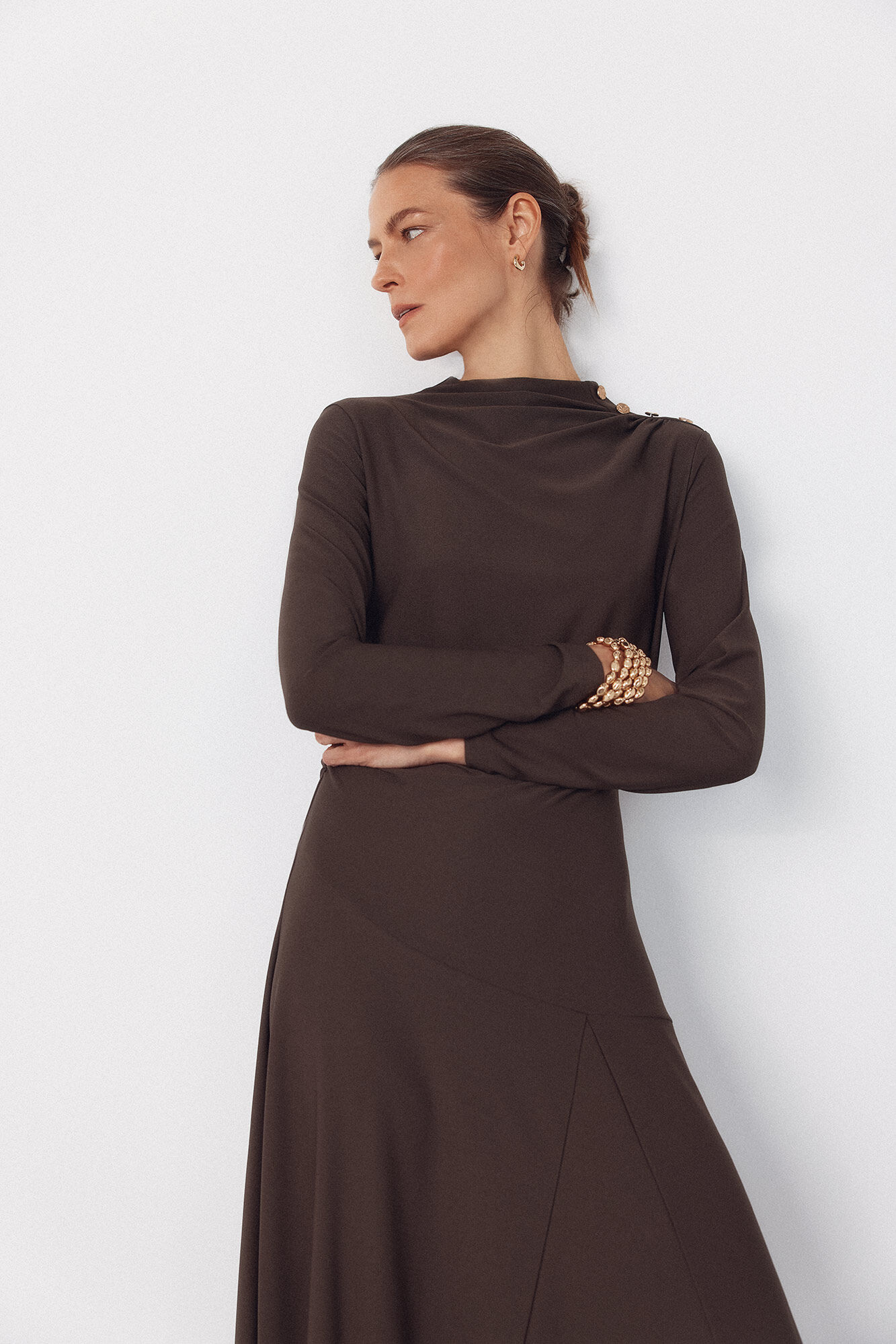 Cortefiel Long dress with gold buttons Brown