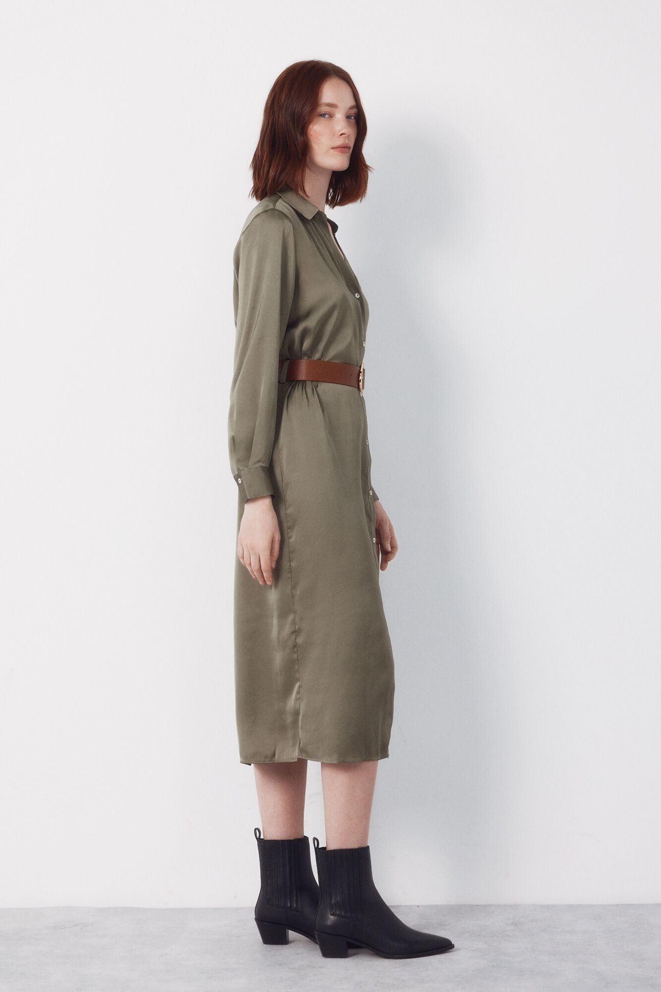 Cortefiel Satin shirt dress Kaki