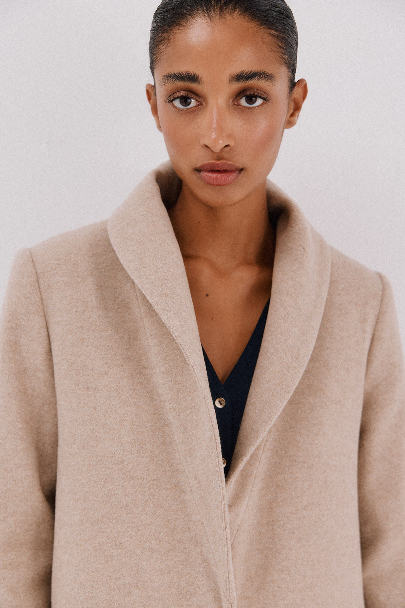 Cortefiel Coat with fur effect detail Beige