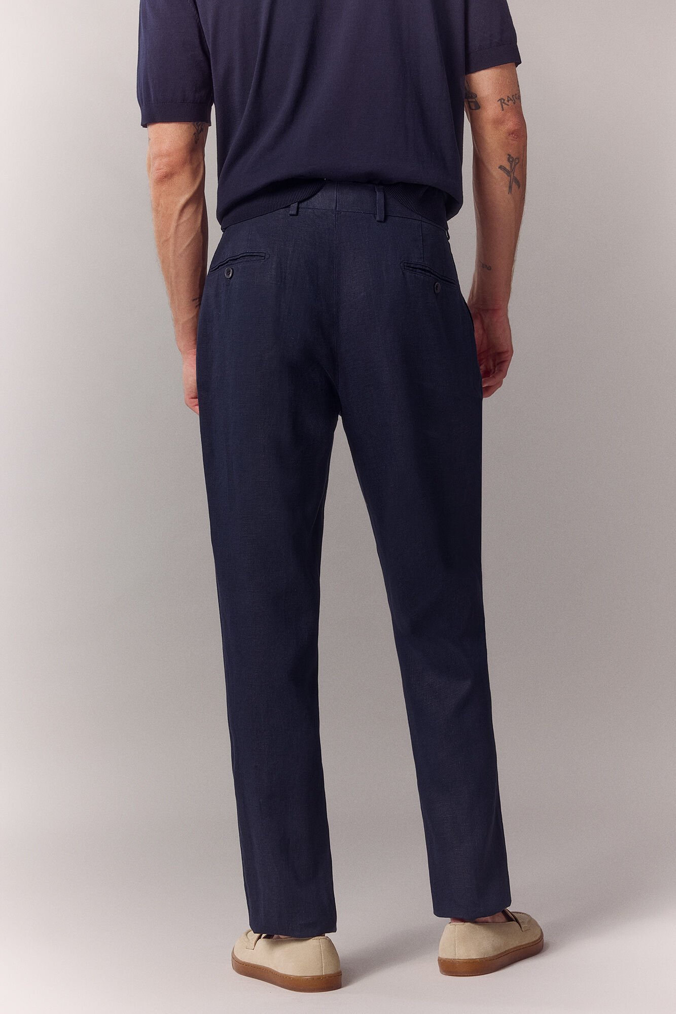 OOTO Cal&ccedil;a de fato coordenado em linho Azul