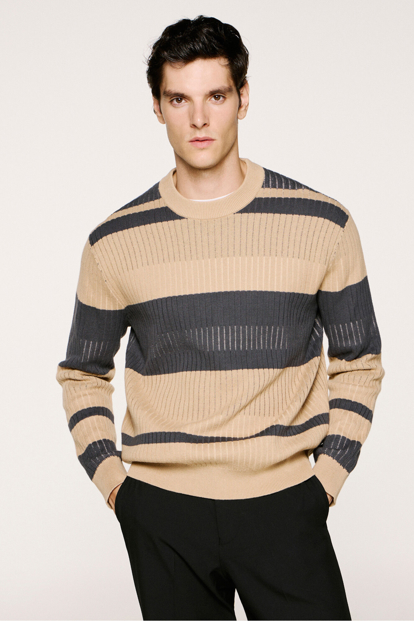 Selected 100% organic cotton striped ribbed jumper .  Beige