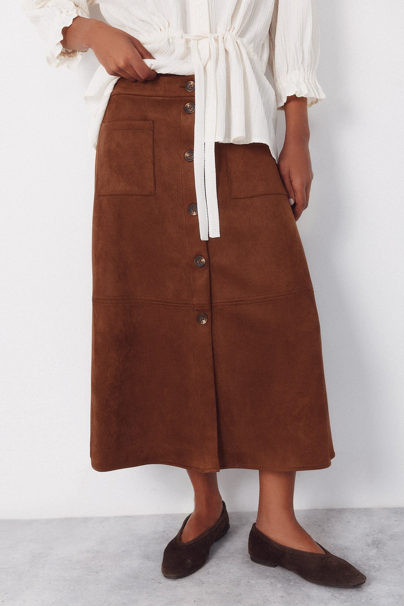 Cortefiel Flared suede skirt Dark brown