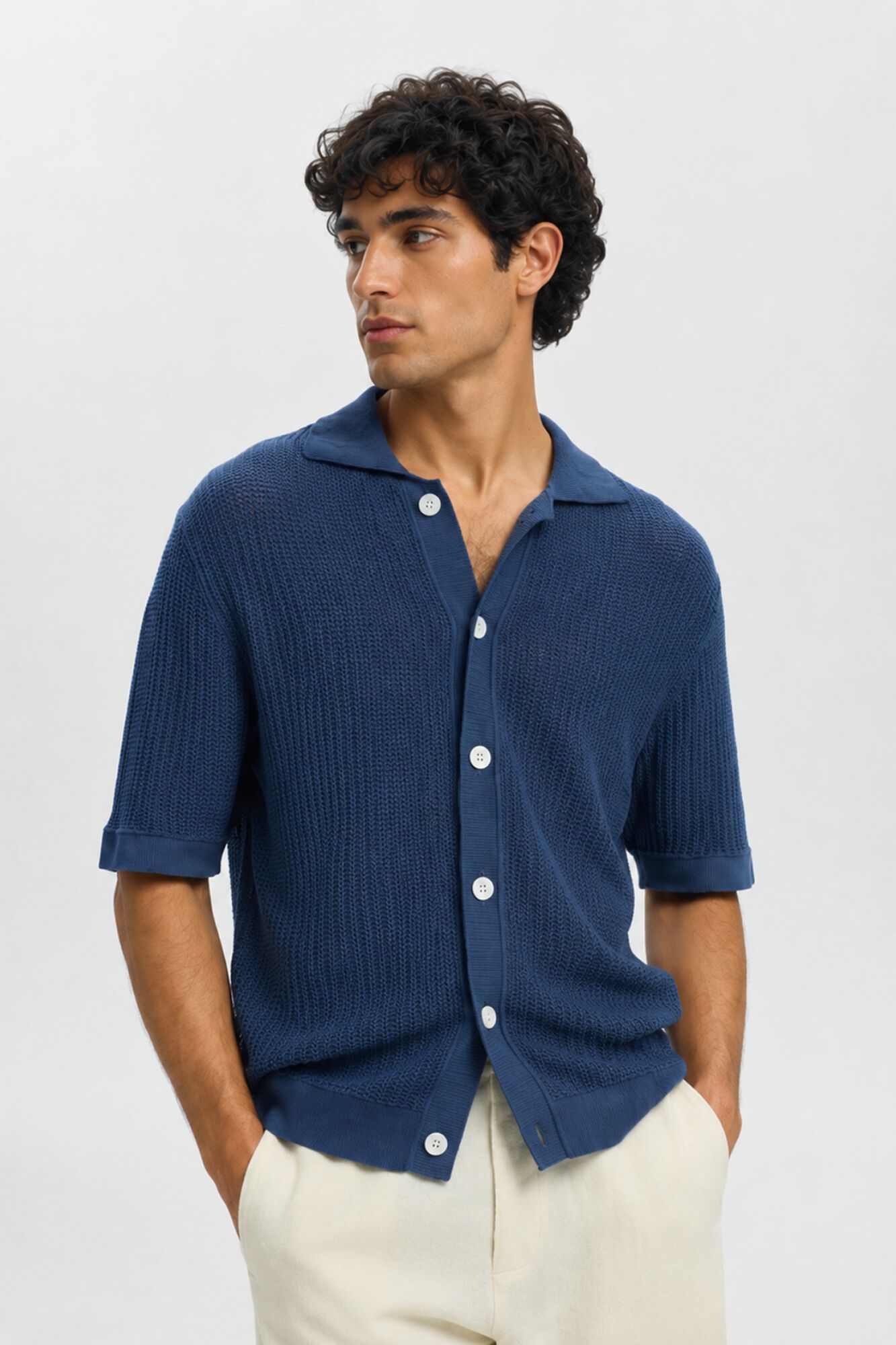Selected Polo em malha tipo casaco de malha de manga curta Azul