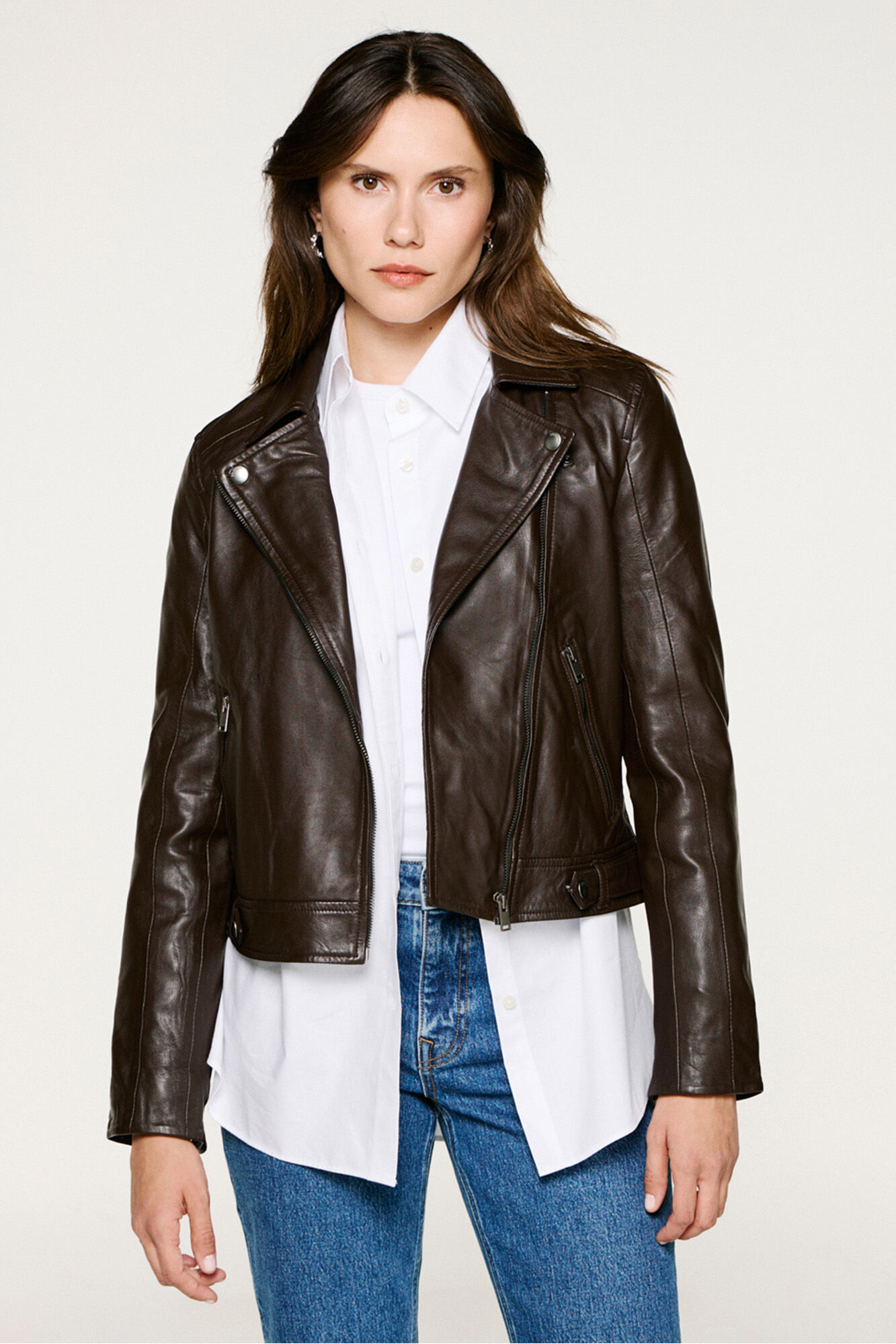 Selected Blus&atilde;o biker curta 100% couro Castanho