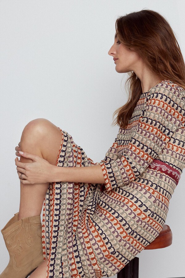 Cortefiel Vestido de malha manga comprida crochet Multicolorido