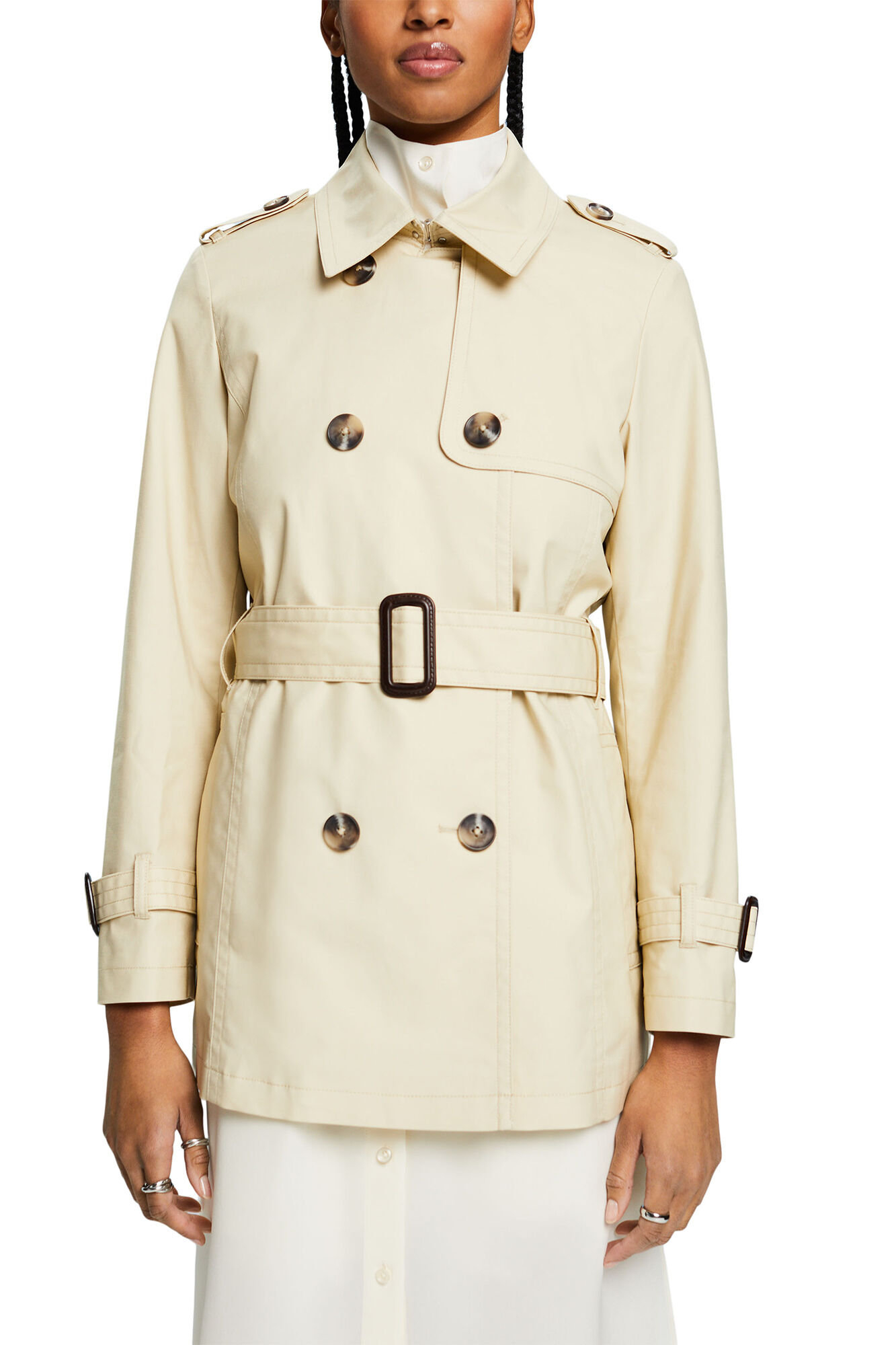 Esprit Gabardina cl&aacute;sica corta con cintur&oacute;n y doble botonadura Beige