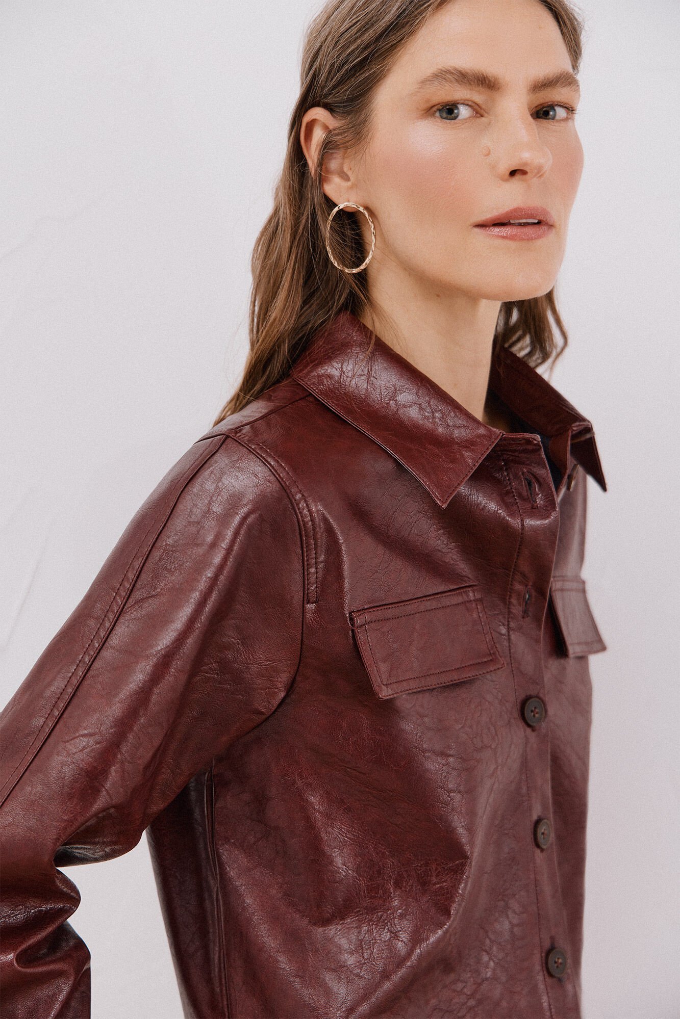 Cortefiel Faux leather shirt Maroon