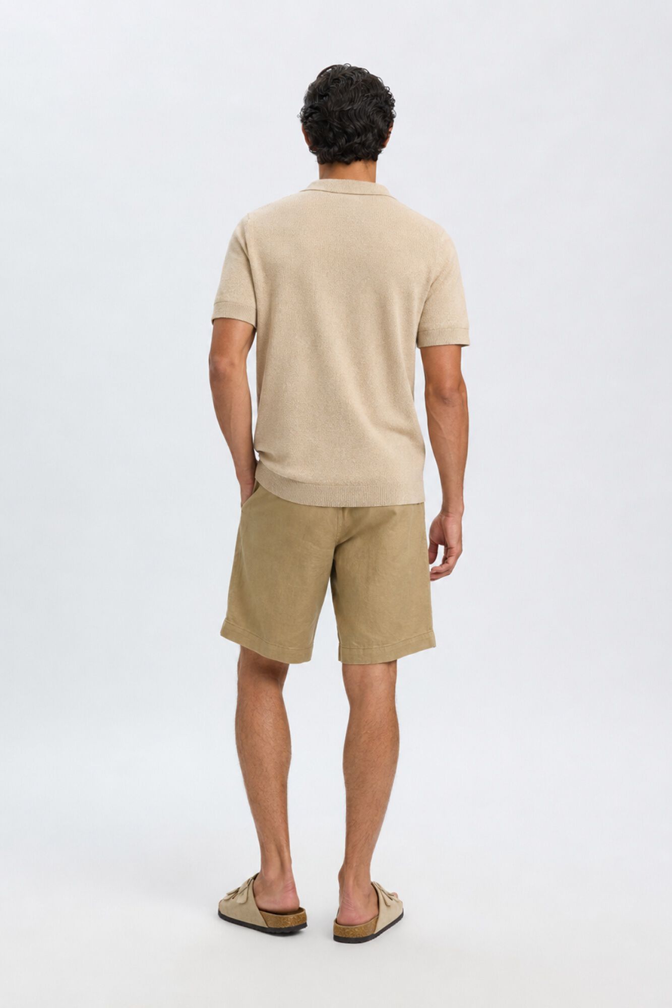 Selected Polo de malha com gola aberta Tostado
