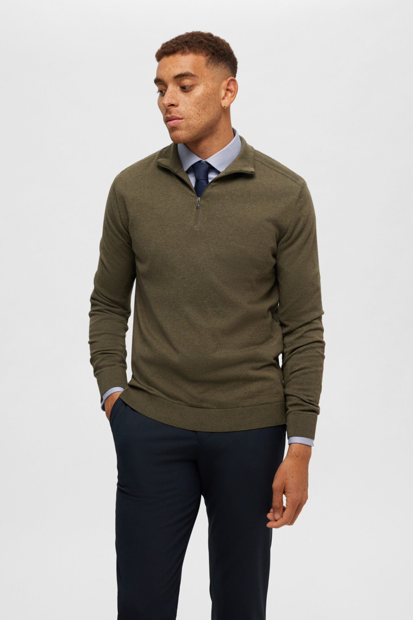 Selected Men's 100% cotton zip-up jumper Green