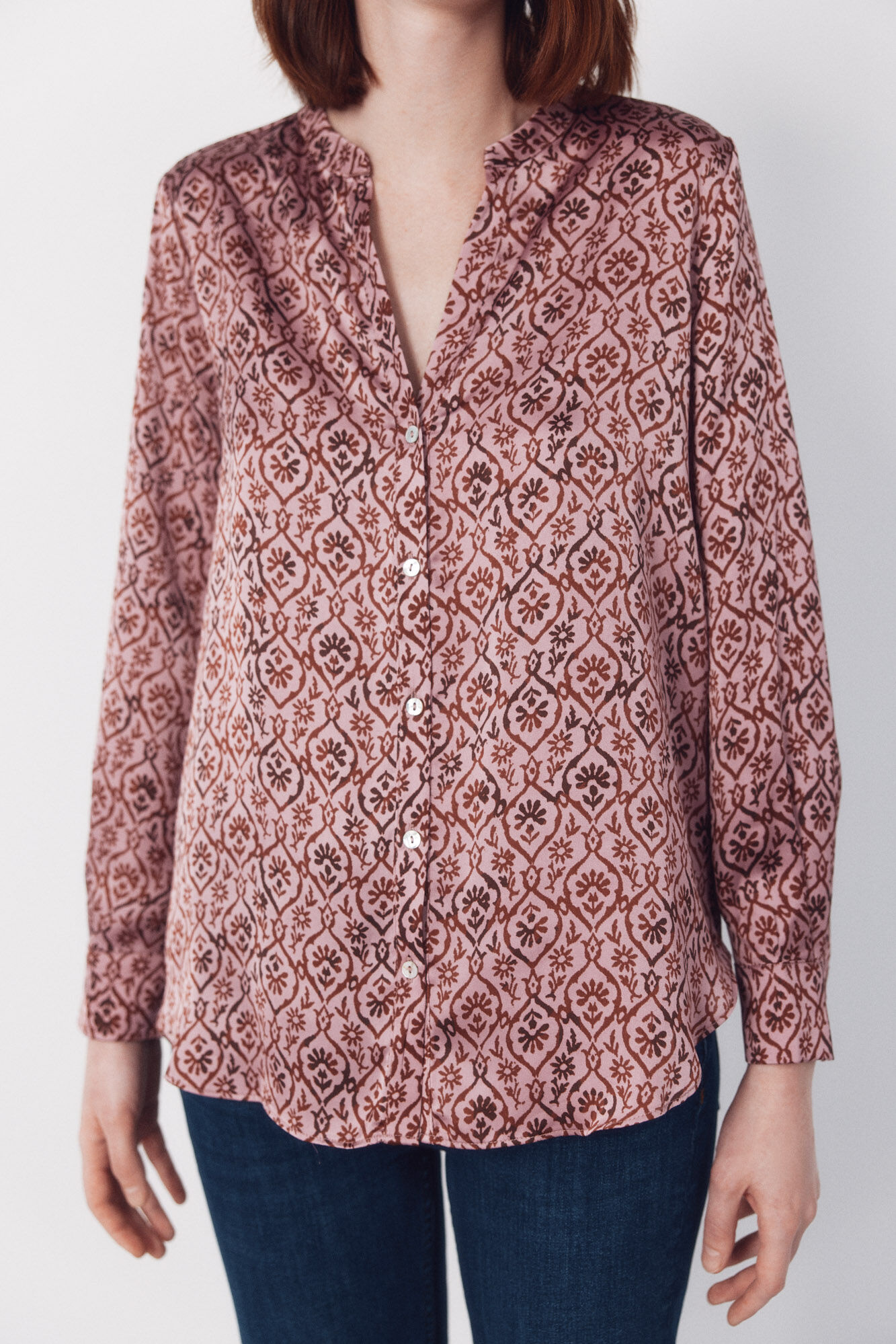 Cortefiel Printed satin mandarin shirt Printed purple