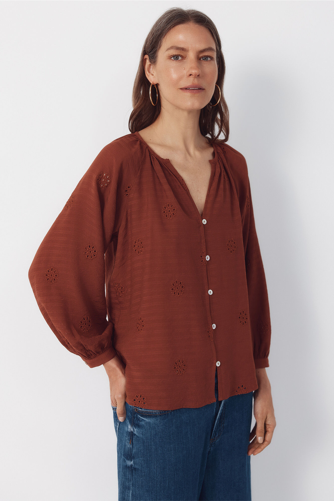 Cortefiel Embroidered blouse Orange