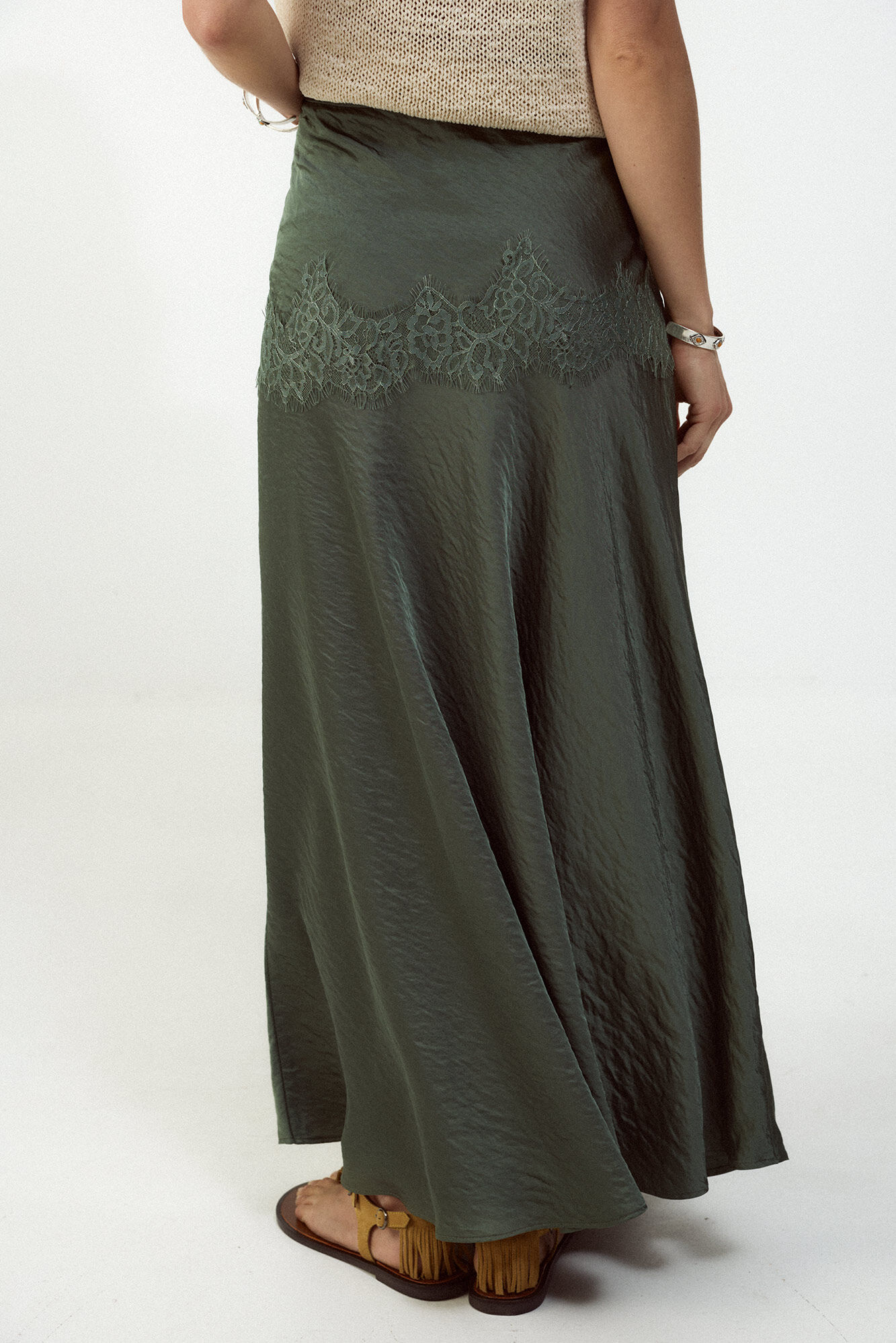 Slowlove Falda midi satinada con encaje Verde oscuro