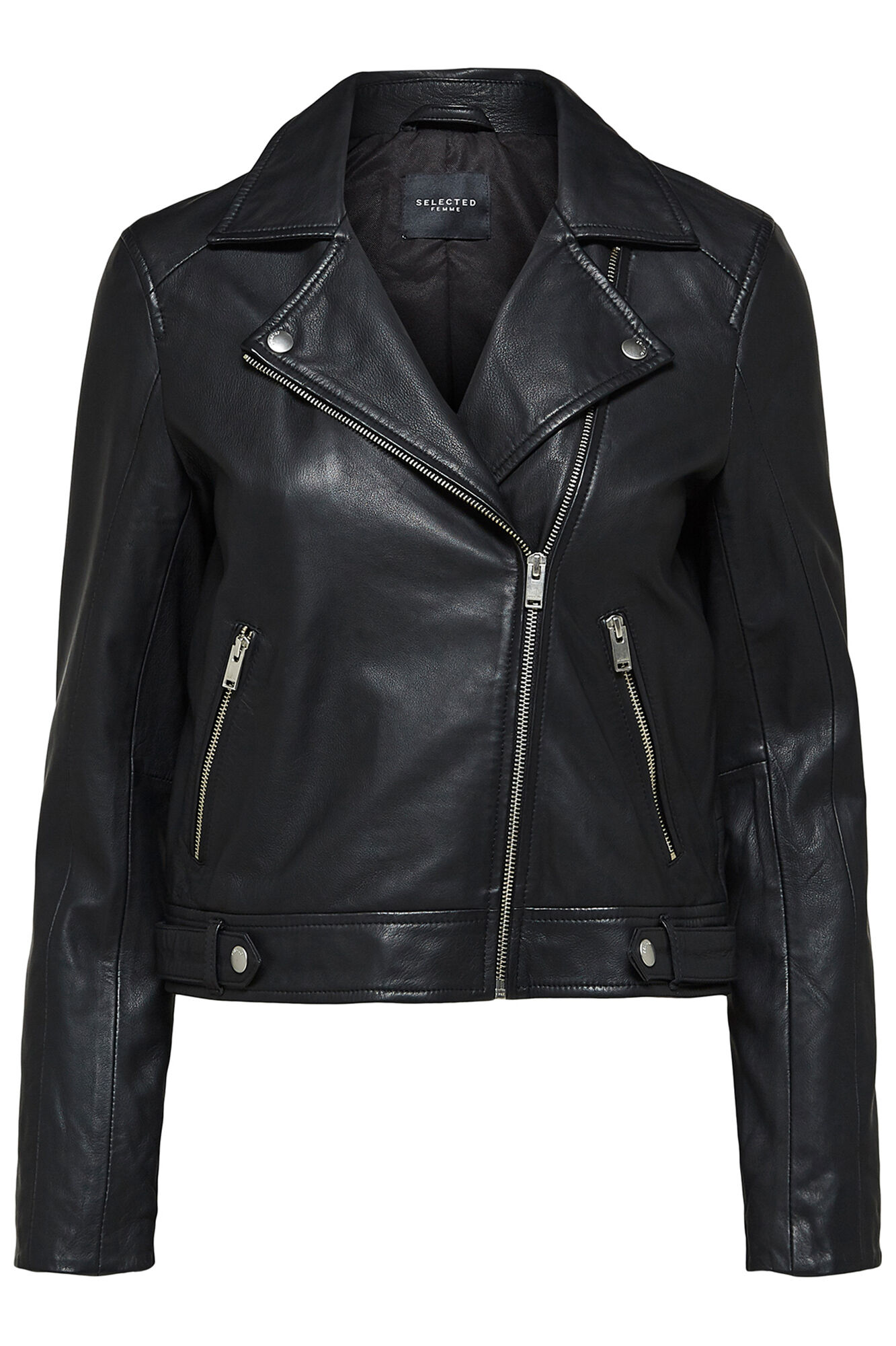 Selected 100% leather Cropped Biker Jacket . Black