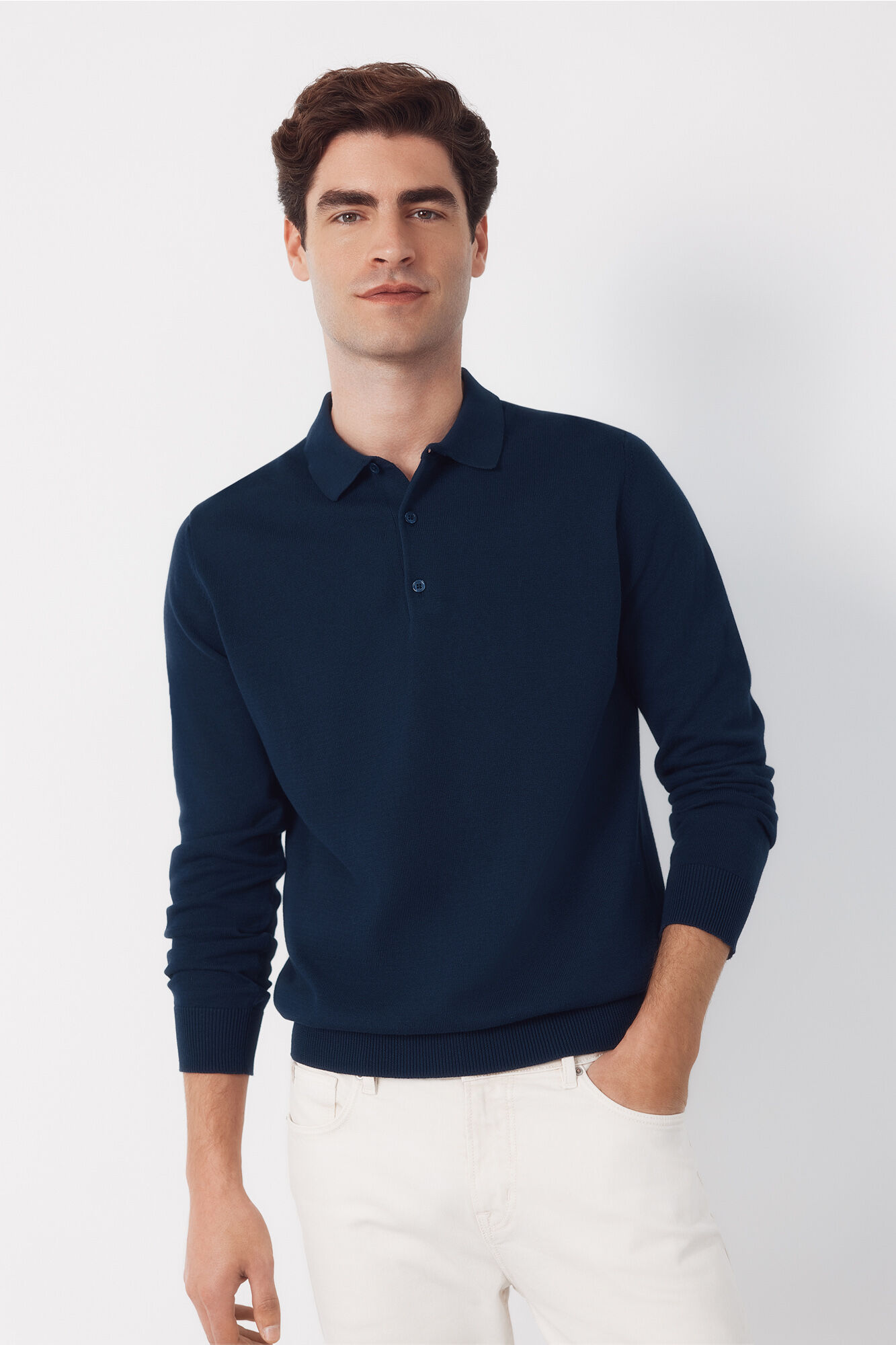Cortefiel Long sleeve sleeve cotton polo shirt jersey Navy