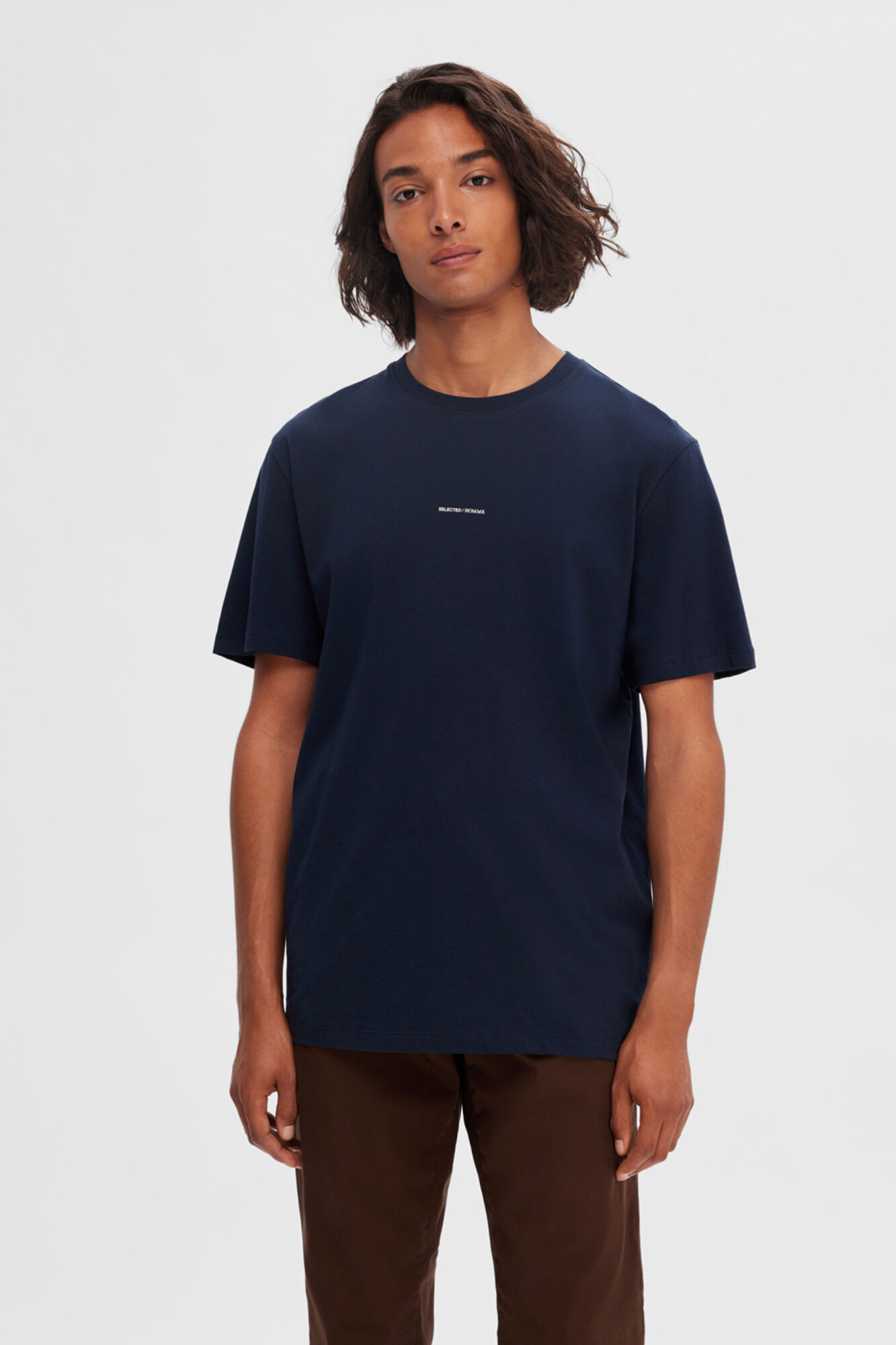 Selected Short-sleeved 100% organic cotton T-shirt with logo Navy