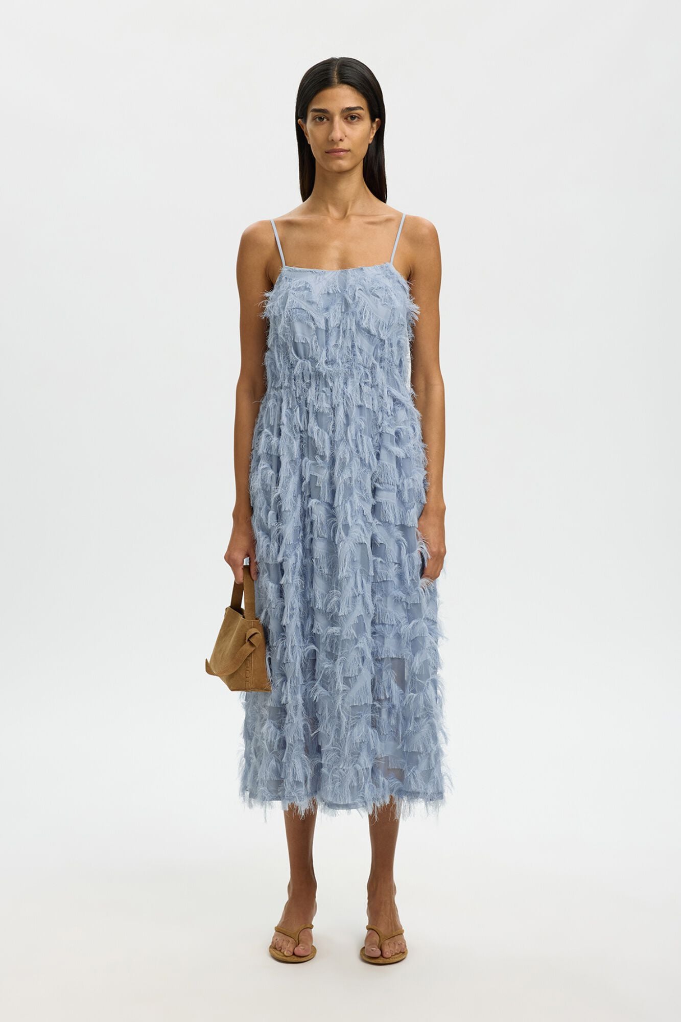 Selected Vestido midi com tecido de franjas Azul