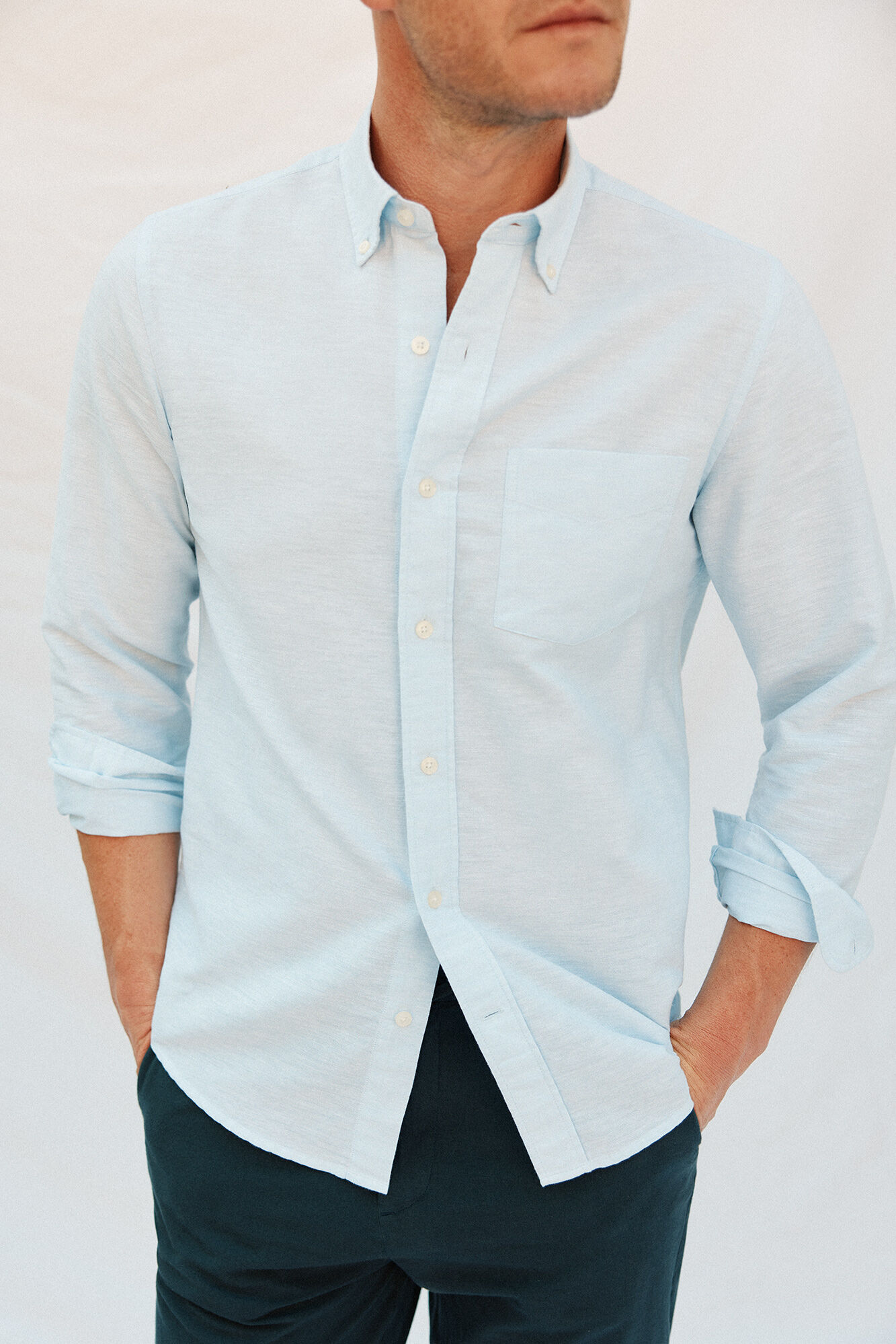 Cortefiel Plain linen/cotton shirt Blue
