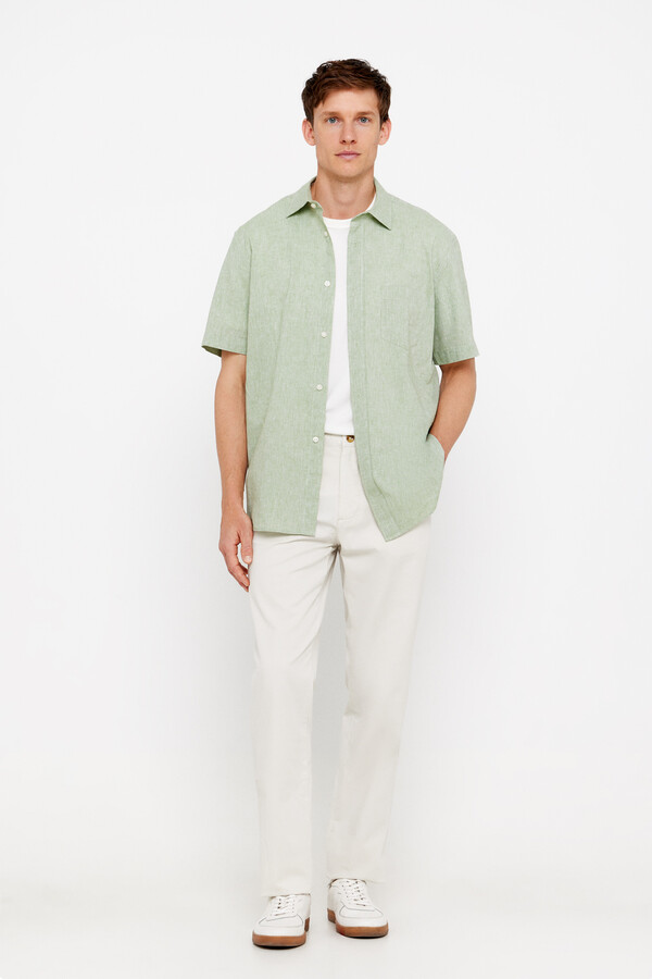 Cortefiel Plain short-sleeved linen and cotton shirt Dark green