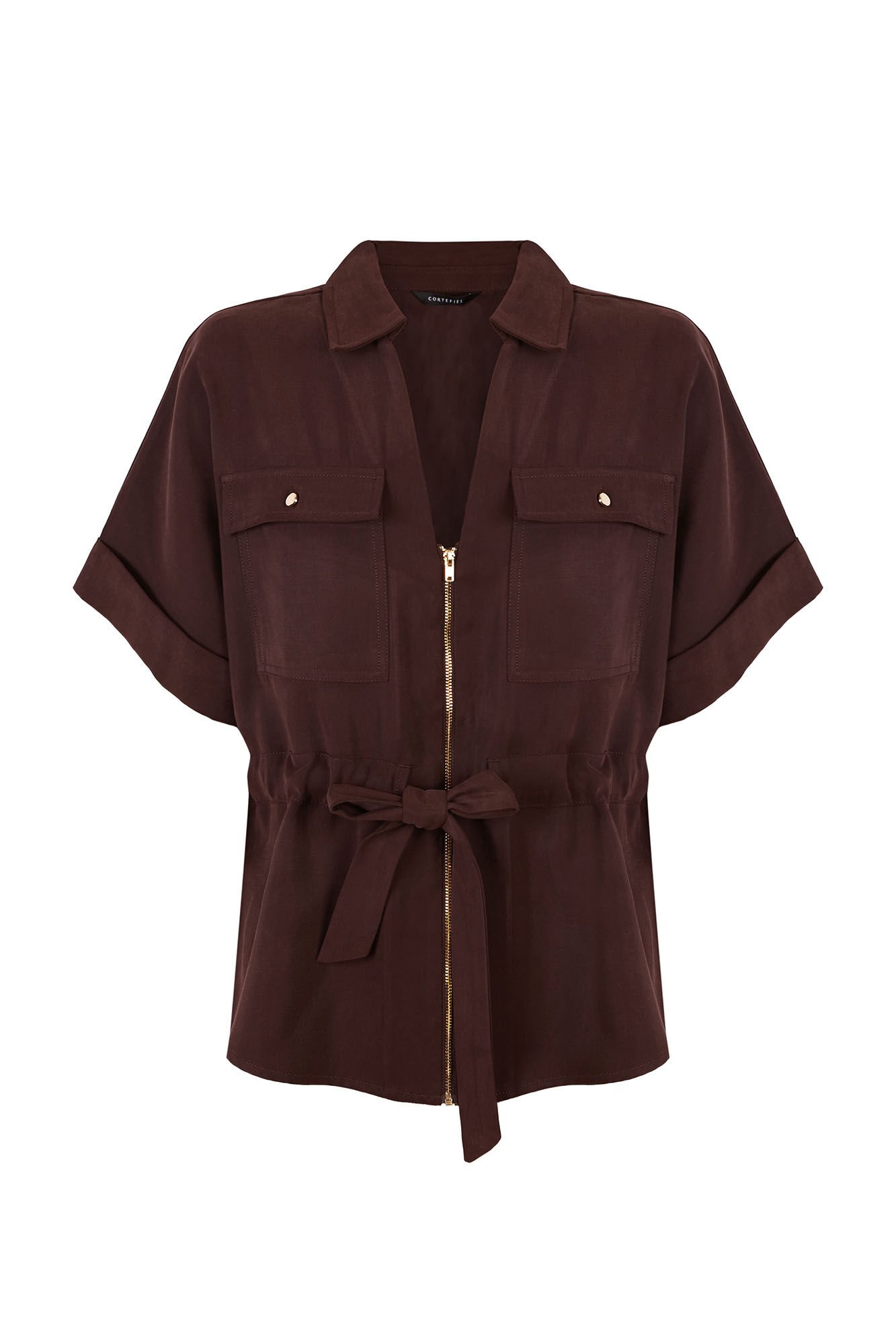 Cortefiel Short sleeve belted shirt Brown