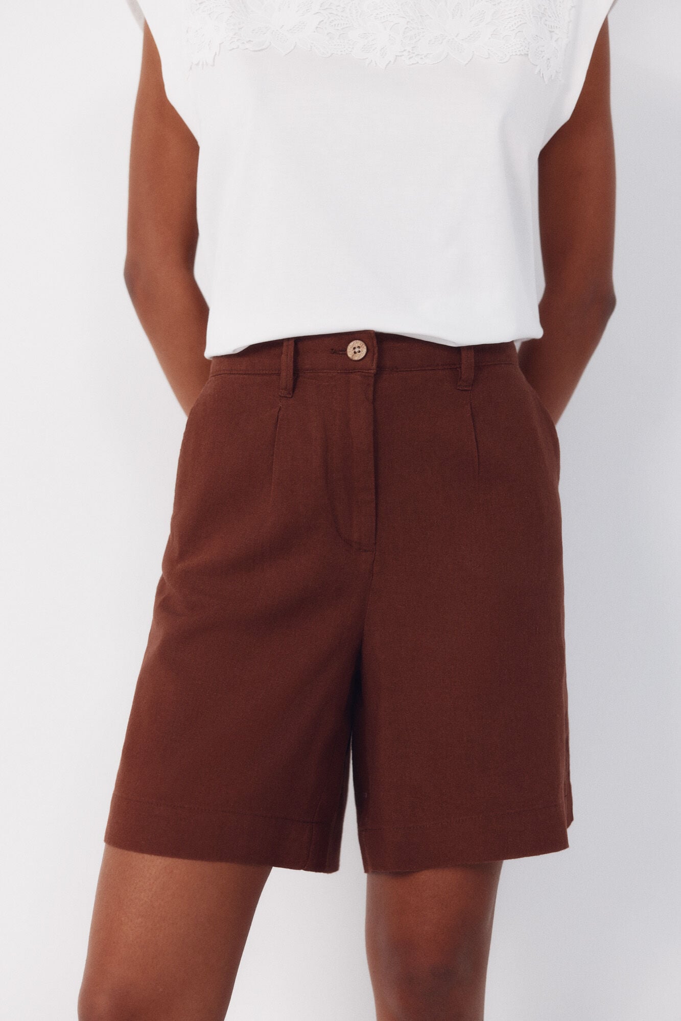 Cortefiel Bermudas de linho liso Castanho