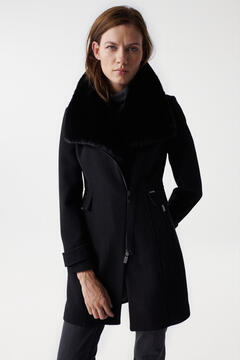 Cortefiel Grace cloth coat with faux fur collar Black
