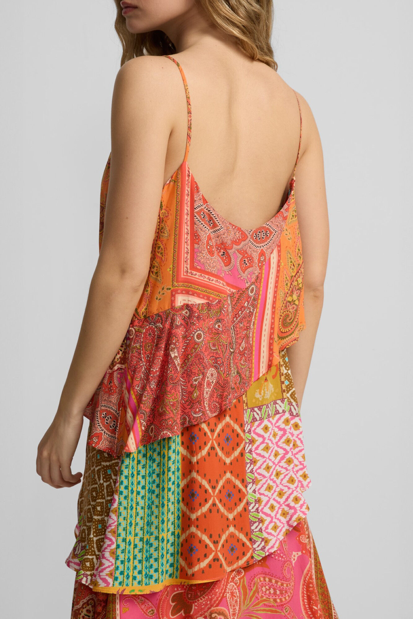 Silbon Vestido longo com estampado patchwork e babados Multicolorido