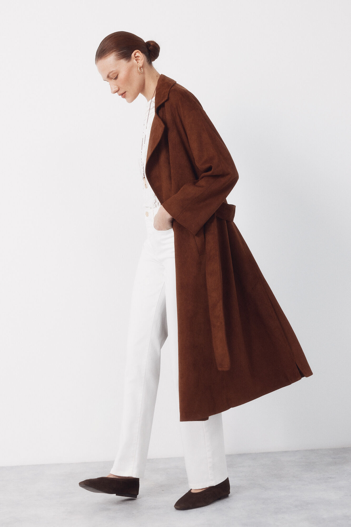 Cortefiel Long trench coat with suede effect Brown