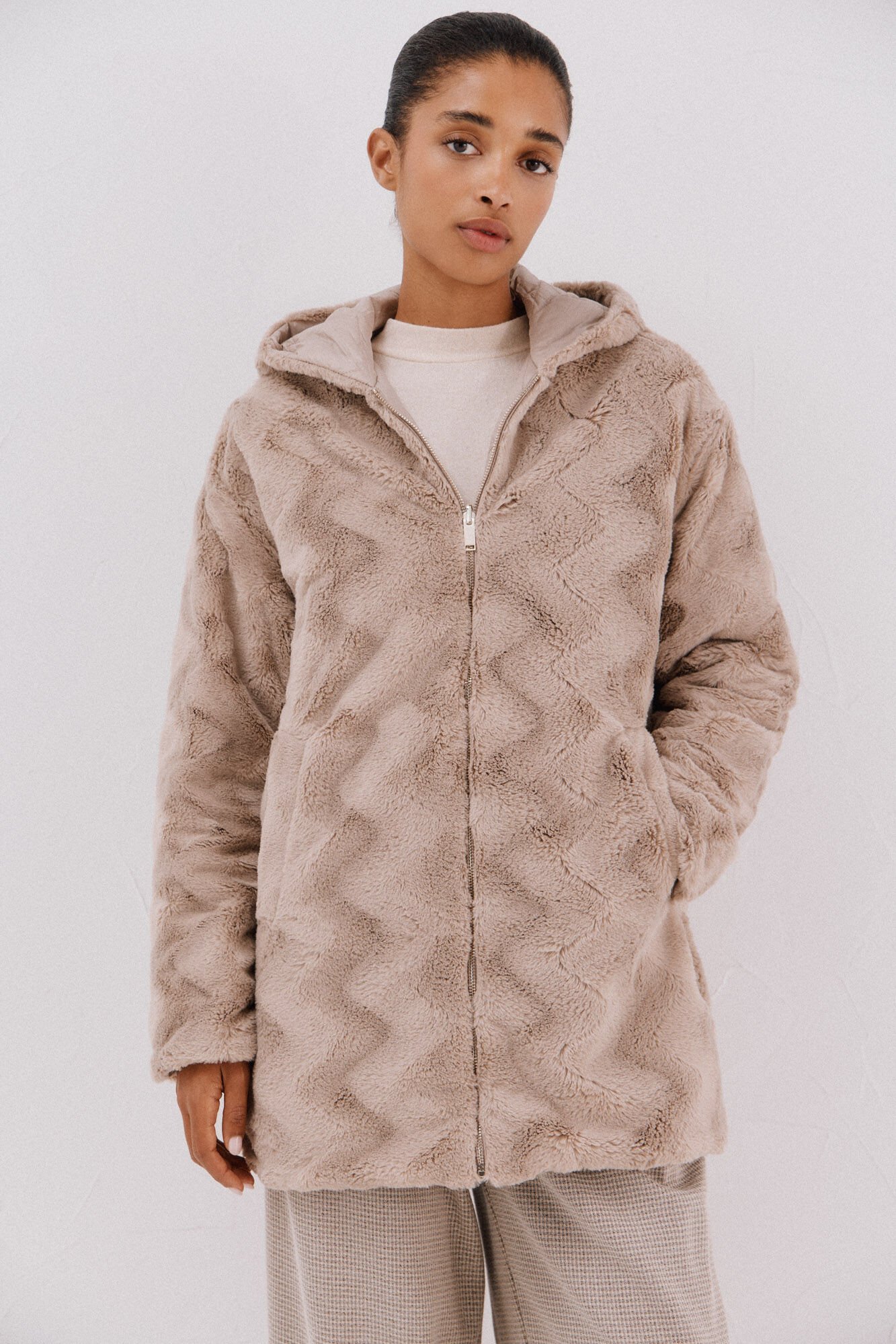 Cortefiel reversible quilted anorak with fur effect Beige