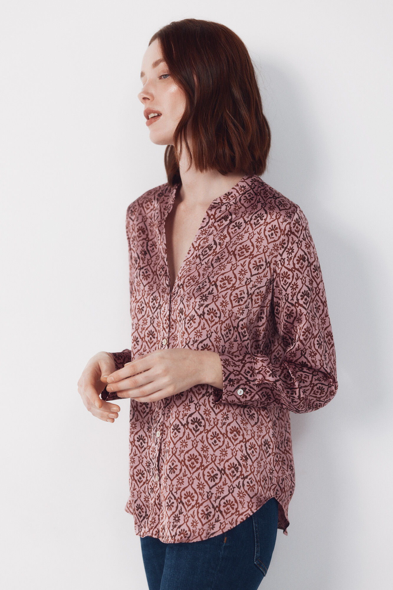 Cortefiel Printed satin mandarin shirt