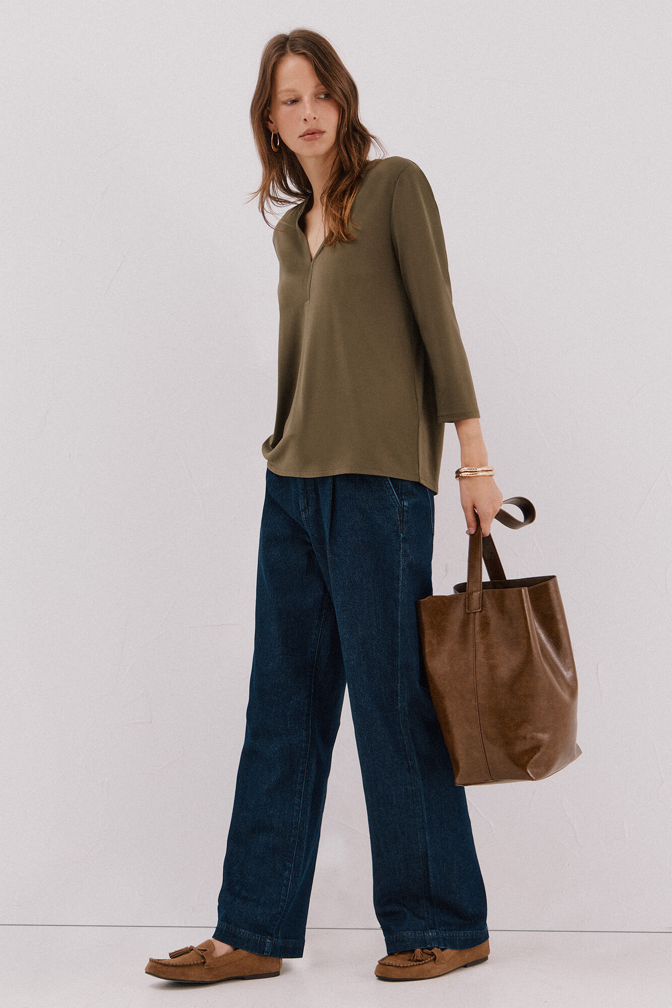 Cortefiel Basic top with mandarin collar Green