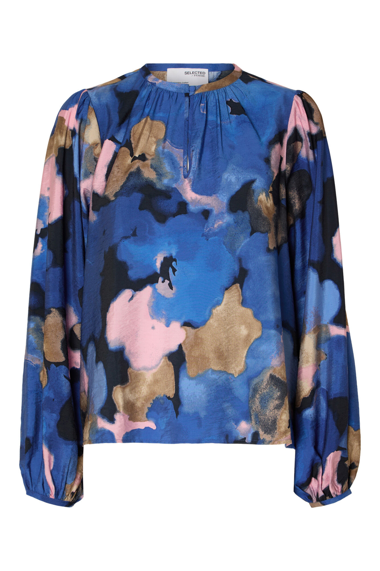 Selected Femme Blusa estampada de manga comprida confecionada com Lenzing Ecovero Azul