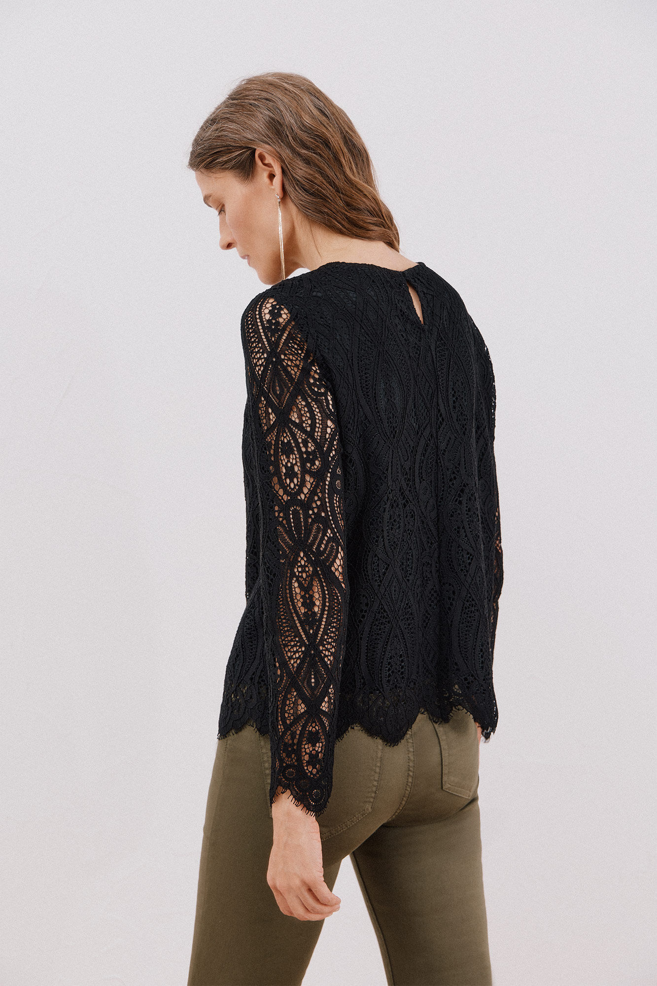 Cortefiel Top guipur manga larga Negro