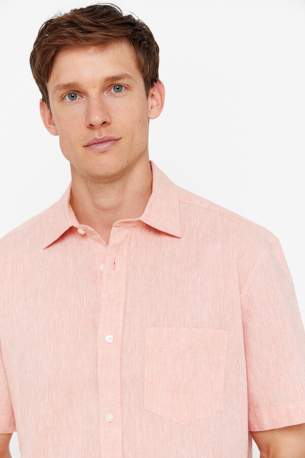 Cortefiel Plain short-sleeved linen and cotton shirt Orange