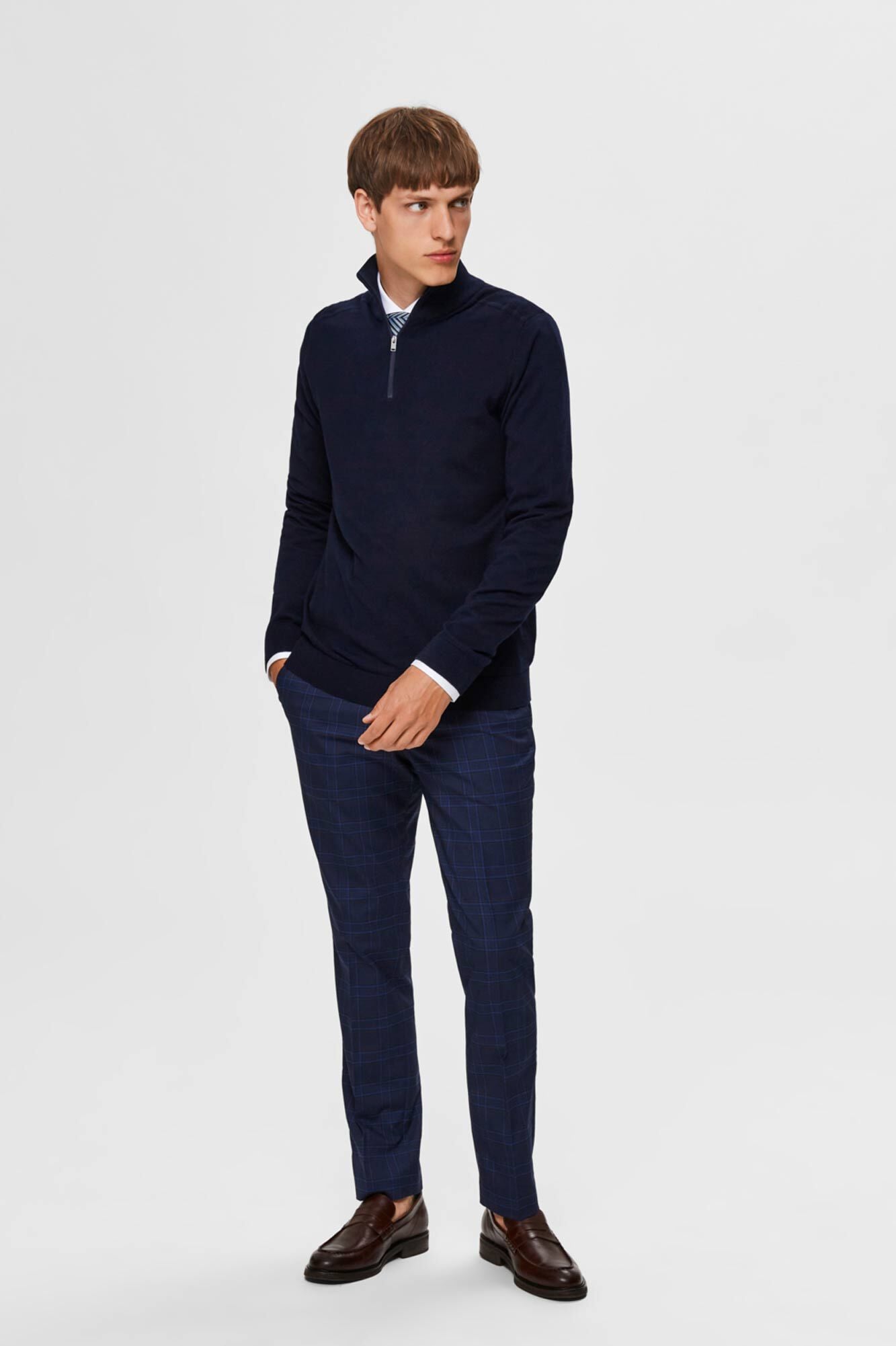 Selected Malha 100% camisola com meia fecho-&eacute;clair . Azul
