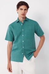 Cortefiel Plain cotton linen short sleeve shirt Green