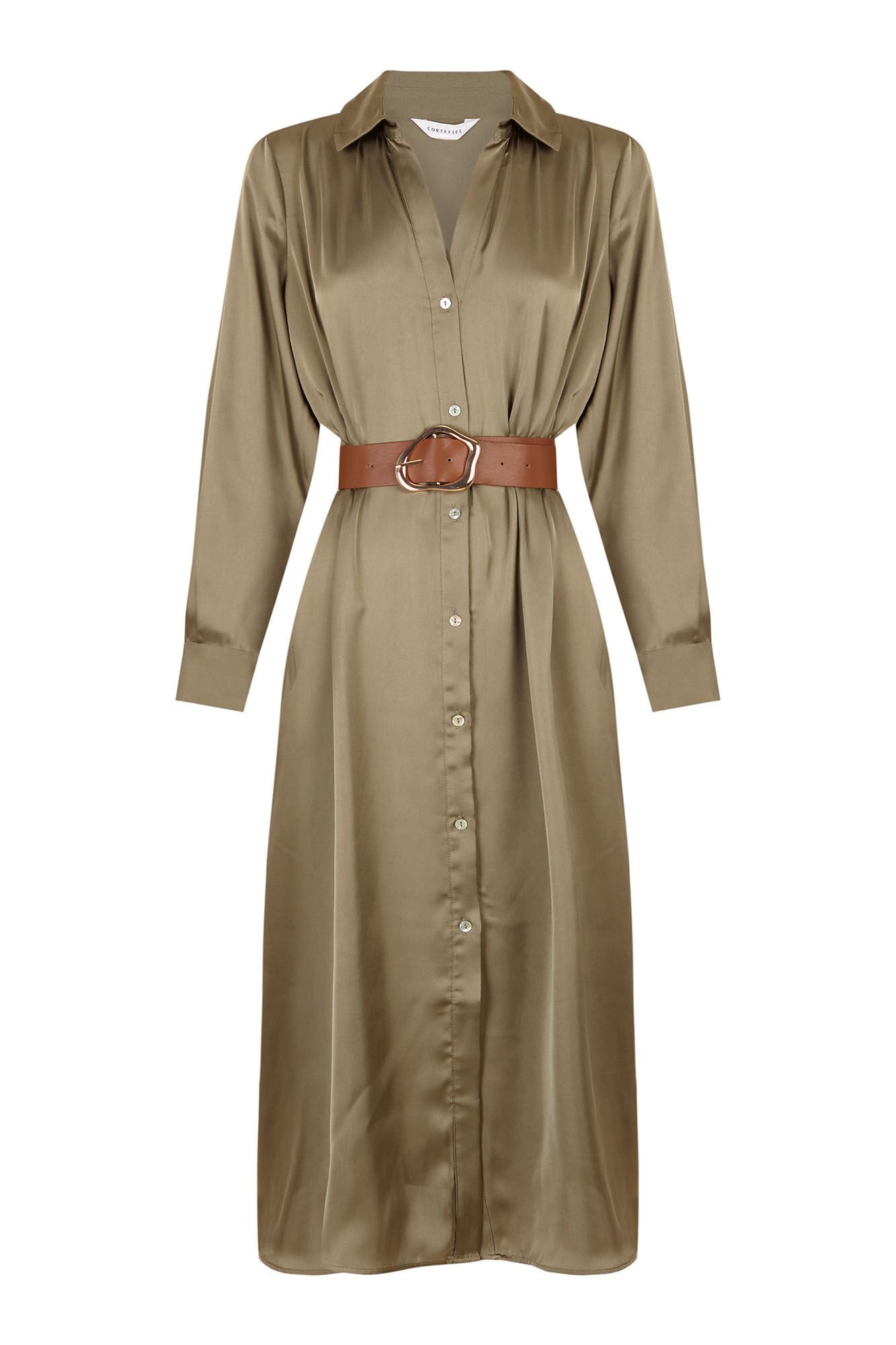 Cortefiel Vestido satinado camisero Kaki