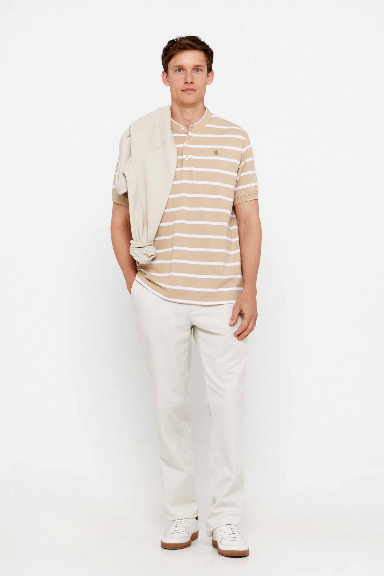 Cortefiel Striped polo shirt with mandarin collar Beige
