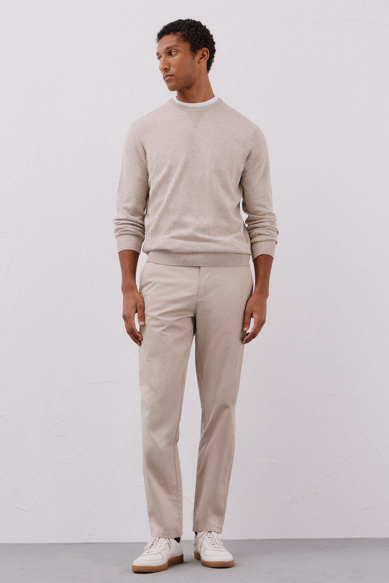 Cortefiel Fine knit cotton round neck jersey-knit  Beige